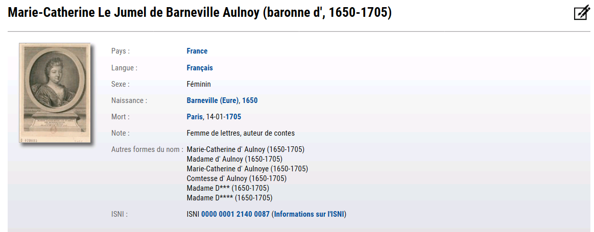 Capture d'écran de l'encadré de la page de Madame d'Aulnoy